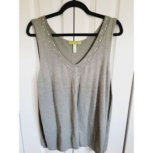Sigrid Olsen 2X Women's Sweater Tank Top Olive Green‎ Beaded V-Neck Knit